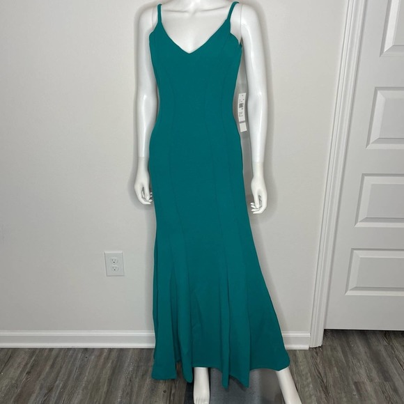 Jump Apparel Women's Junior's Jade Double V Scuba Fitted Formal Trumpet Dress - Picture 2 of 6